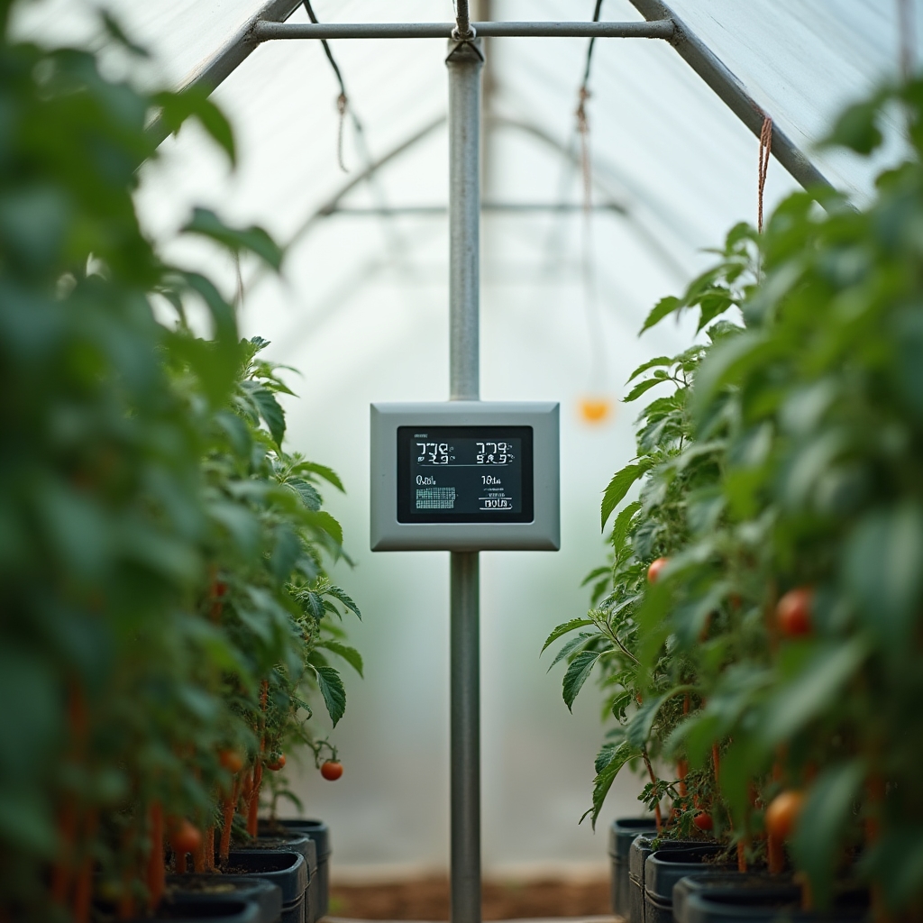 A small monitoring control panel mounted on a greenhouse wall displaying temperature and humidity readings