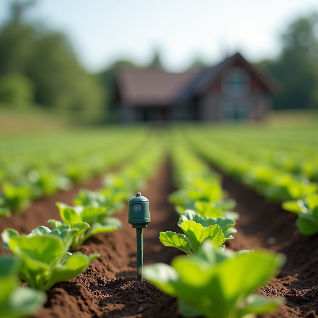 A small soil moisture sensor standing among young crop rows in a modest field